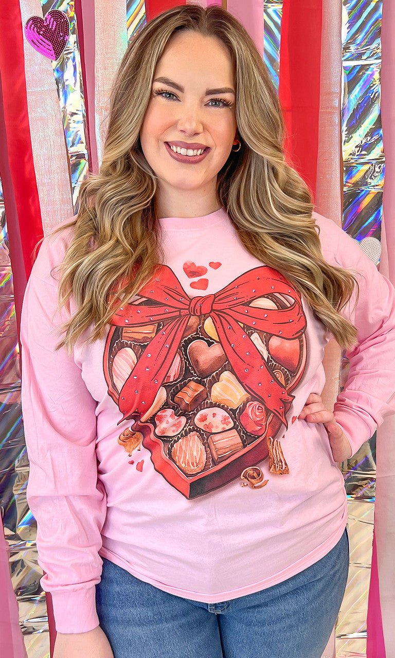 Box of Chocolate Valentine Rhinestone Graphic Long Sleeve T-Shirt - Image 4