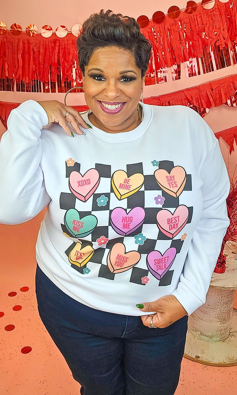 Checkerboard Conversation Hearts Graphic Sweatshirt - Image 2