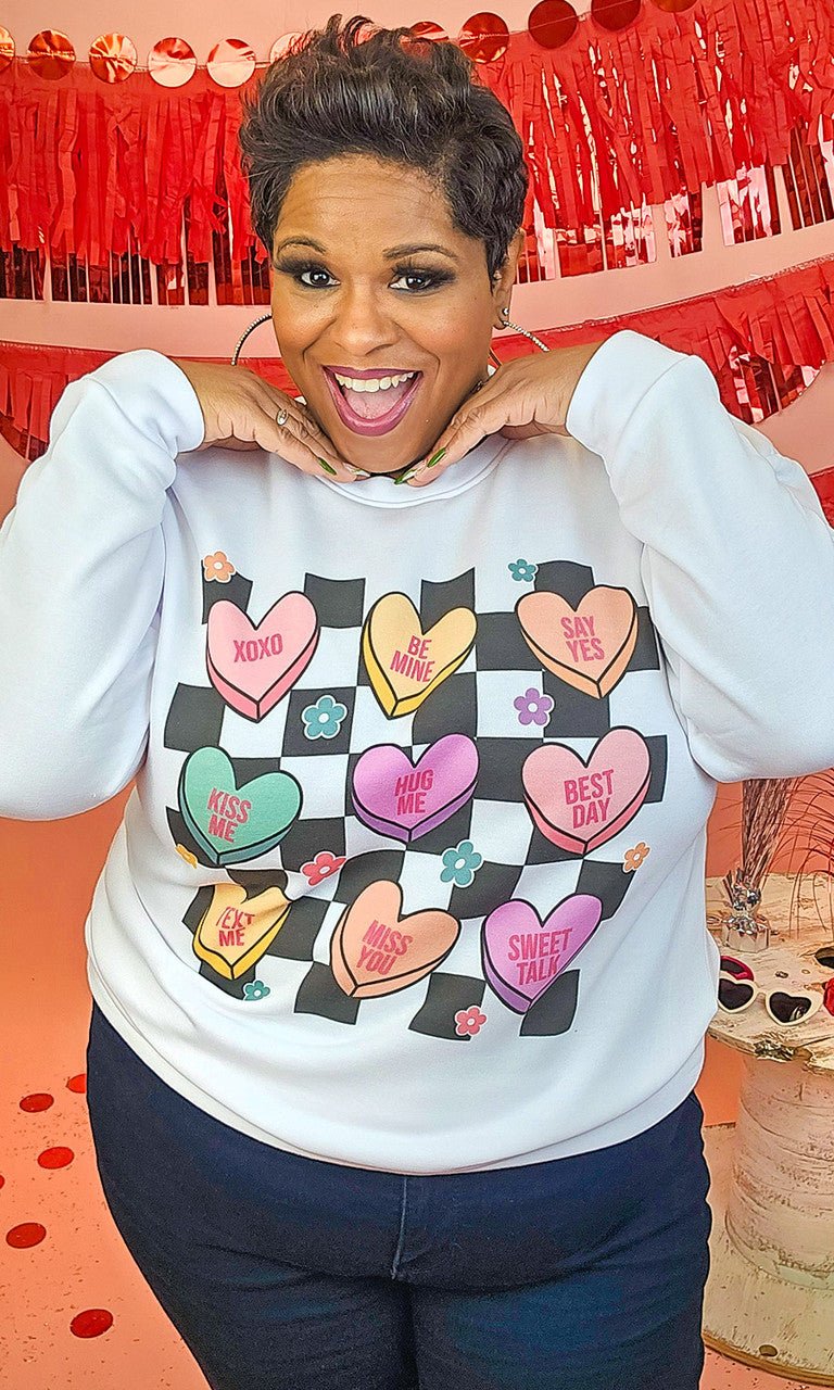 Checkerboard Conversation Hearts Graphic Sweatshirt - Image 3