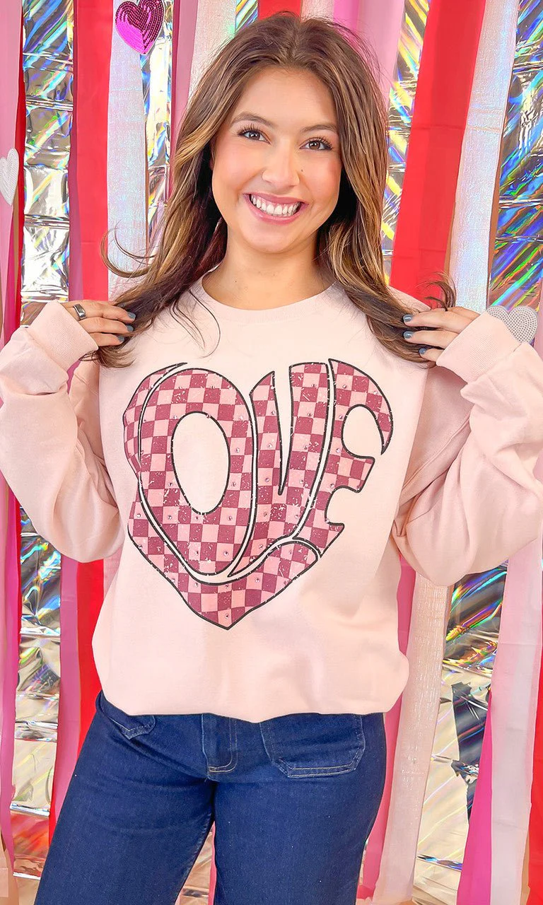 Love Checkered Heart Rhinestone Graphic Sweatshirt - Image 4