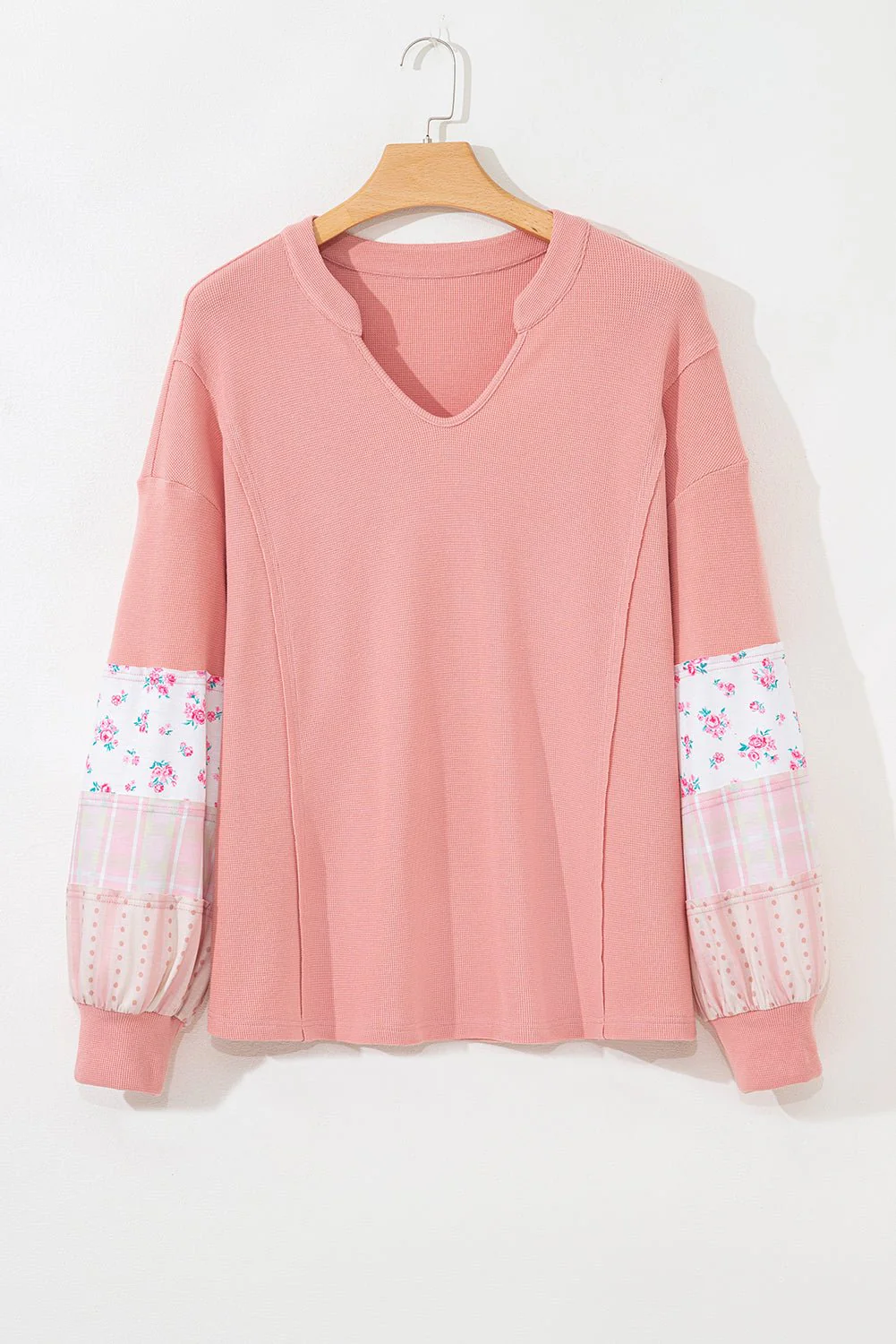 Pink Floral Sleeve Patchwork Waffle Knit Notched V Neck Plus Size Top - Image 8