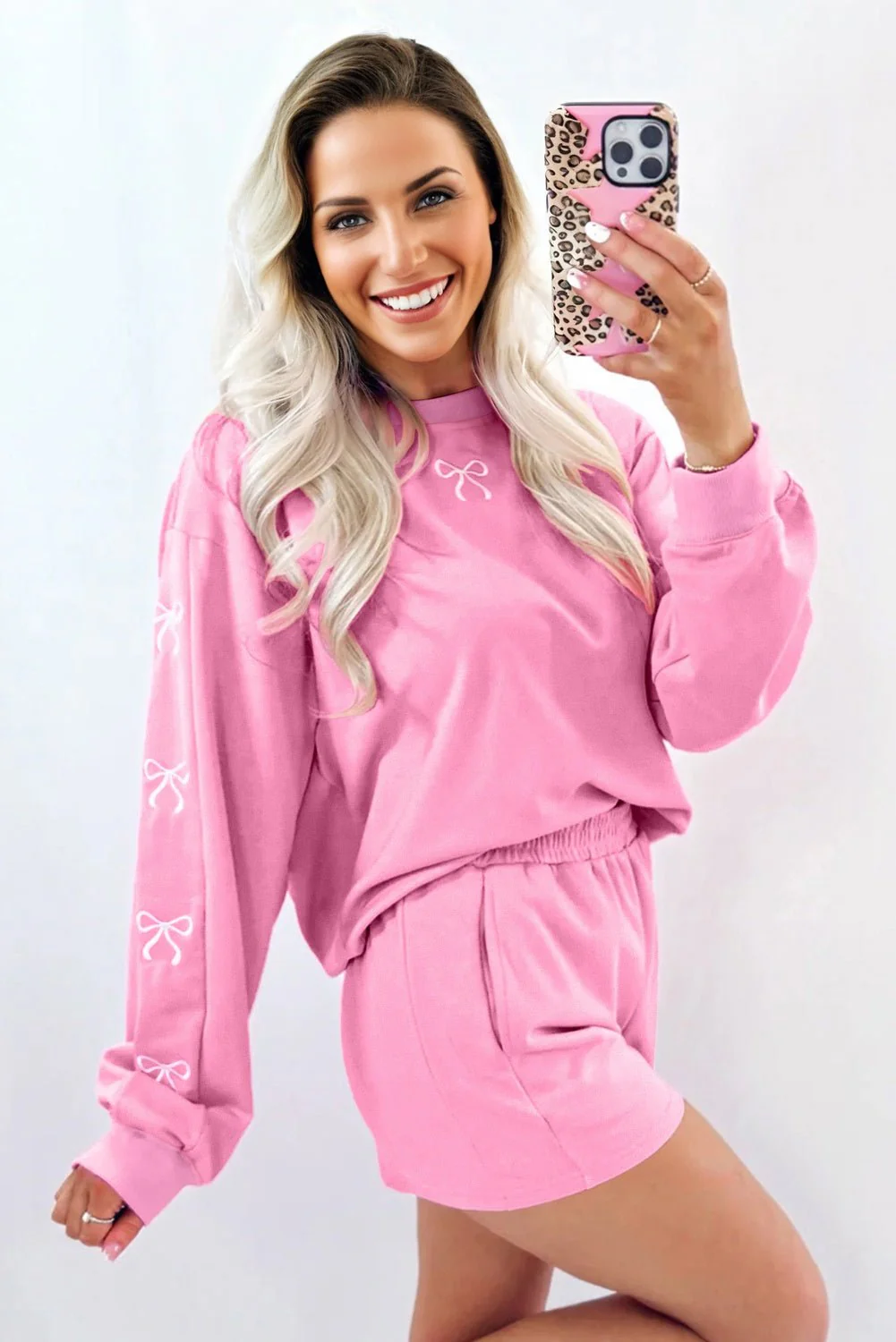 Sachet Pink Girly Bow Embroidered Detail Puff Sleeve Pullover 2pcs Short Set - Image 3
