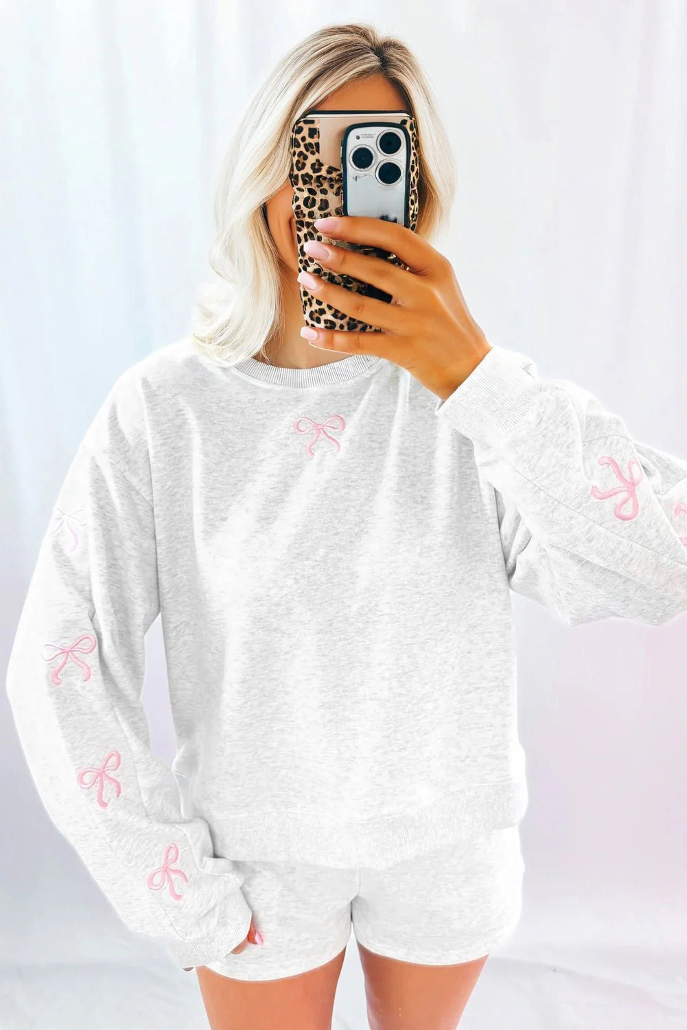 Sachet Pink Girly Bow Embroidered Detail Puff Sleeve Pullover 2pcs Short Set - Image 5