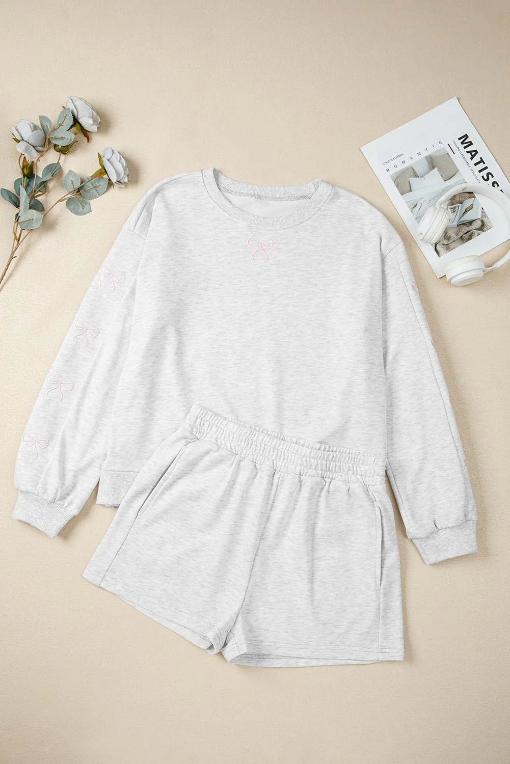 Sachet Pink Girly Bow Embroidered Detail Puff Sleeve Pullover 2pcs Short Set - Image 6