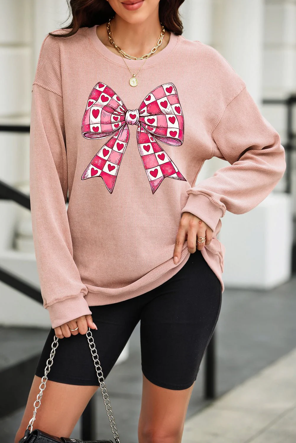 Valentine’s Day Bow Drop Shoulder Long Sleeve Sweatshirt - Image 4