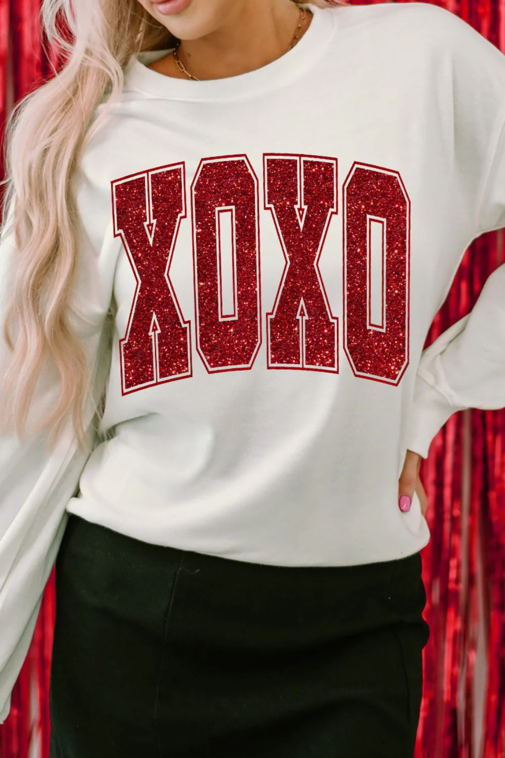 Valentine’s Day XOXO Glitter Round Neck Sweatshirt - Image 3