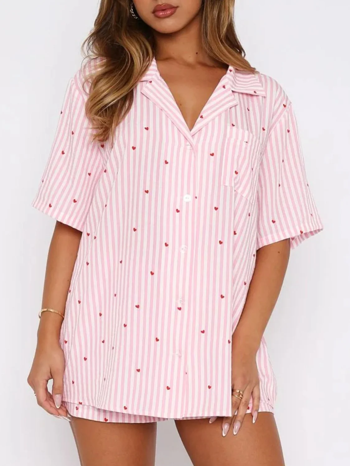 Valentine's Day Printed Collared Neck Short Sleeve Top and Shorts Set - Image 2