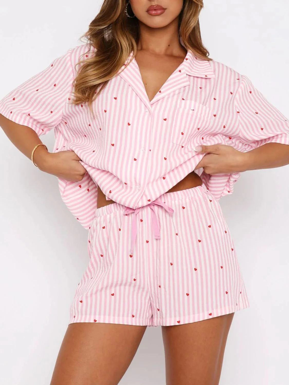 Valentine's Day Printed Collared Neck Short Sleeve Top and Shorts Set - Image 3