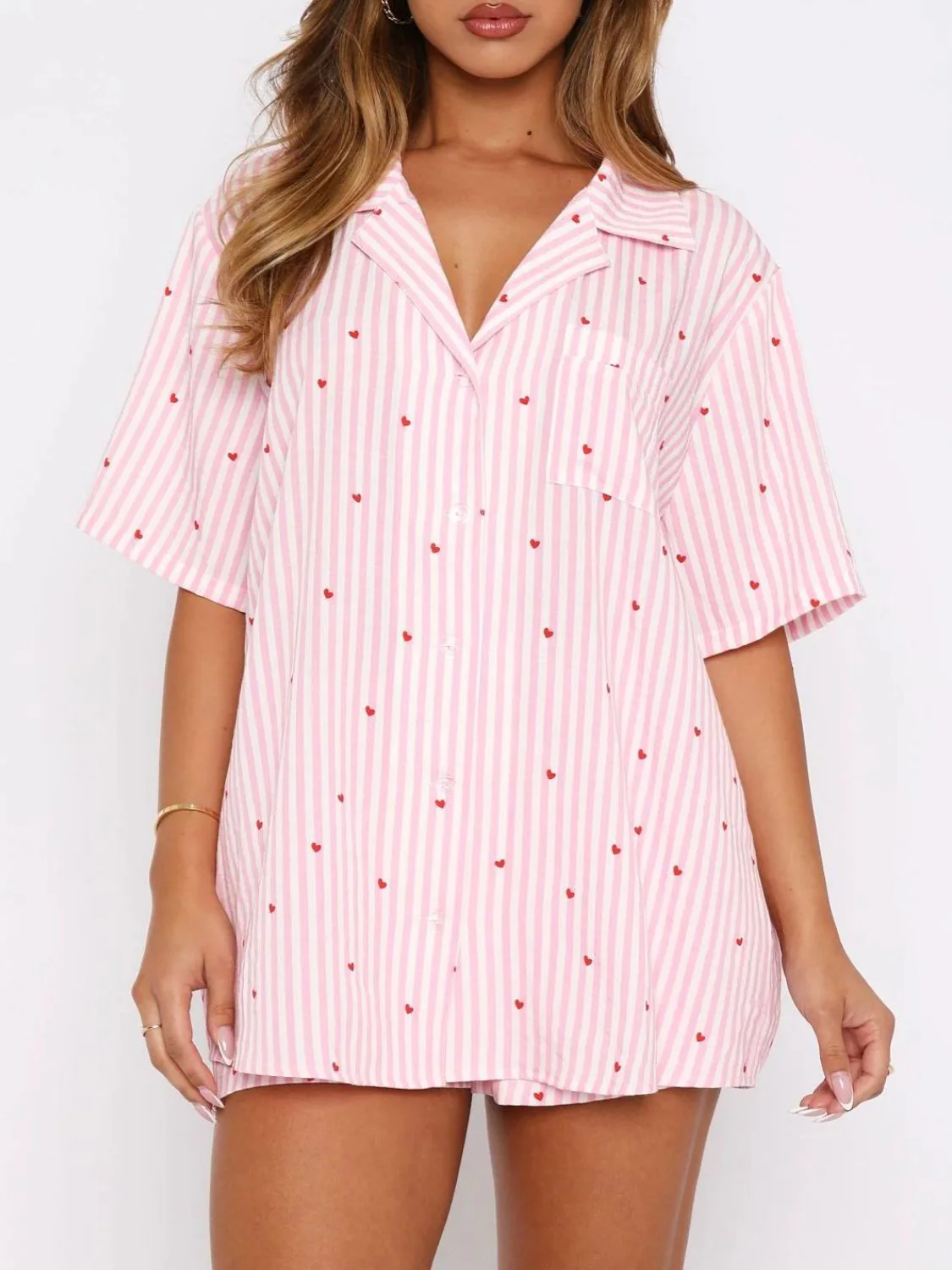 Valentine's Day Printed Collared Neck Short Sleeve Top and Shorts Set - Image 4