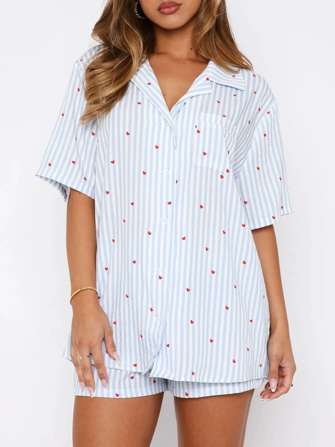 Valentine's Day Printed Collared Neck Short Sleeve Top and Shorts Set - Image 6