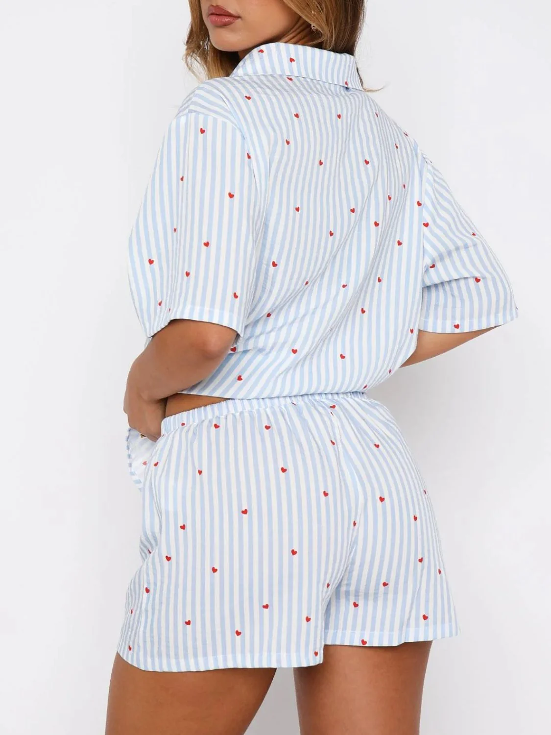Valentine's Day Printed Collared Neck Short Sleeve Top and Shorts Set - Image 8