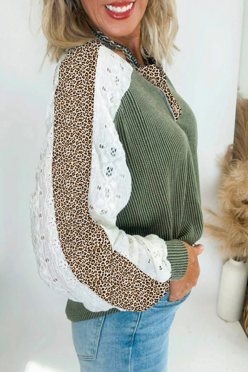 Vineyard Green Texture Patchwork Lace Sleeve Leopard Henley Top - Image 2