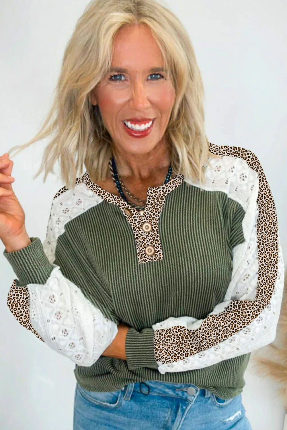 Vineyard Green Texture Patchwork Lace Sleeve Leopard Henley Top - Image 3