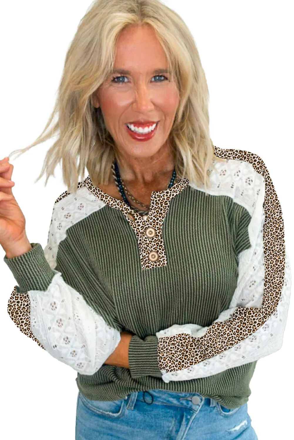 Vineyard Green Texture Patchwork Lace Sleeve Leopard Henley Top - Image 4
