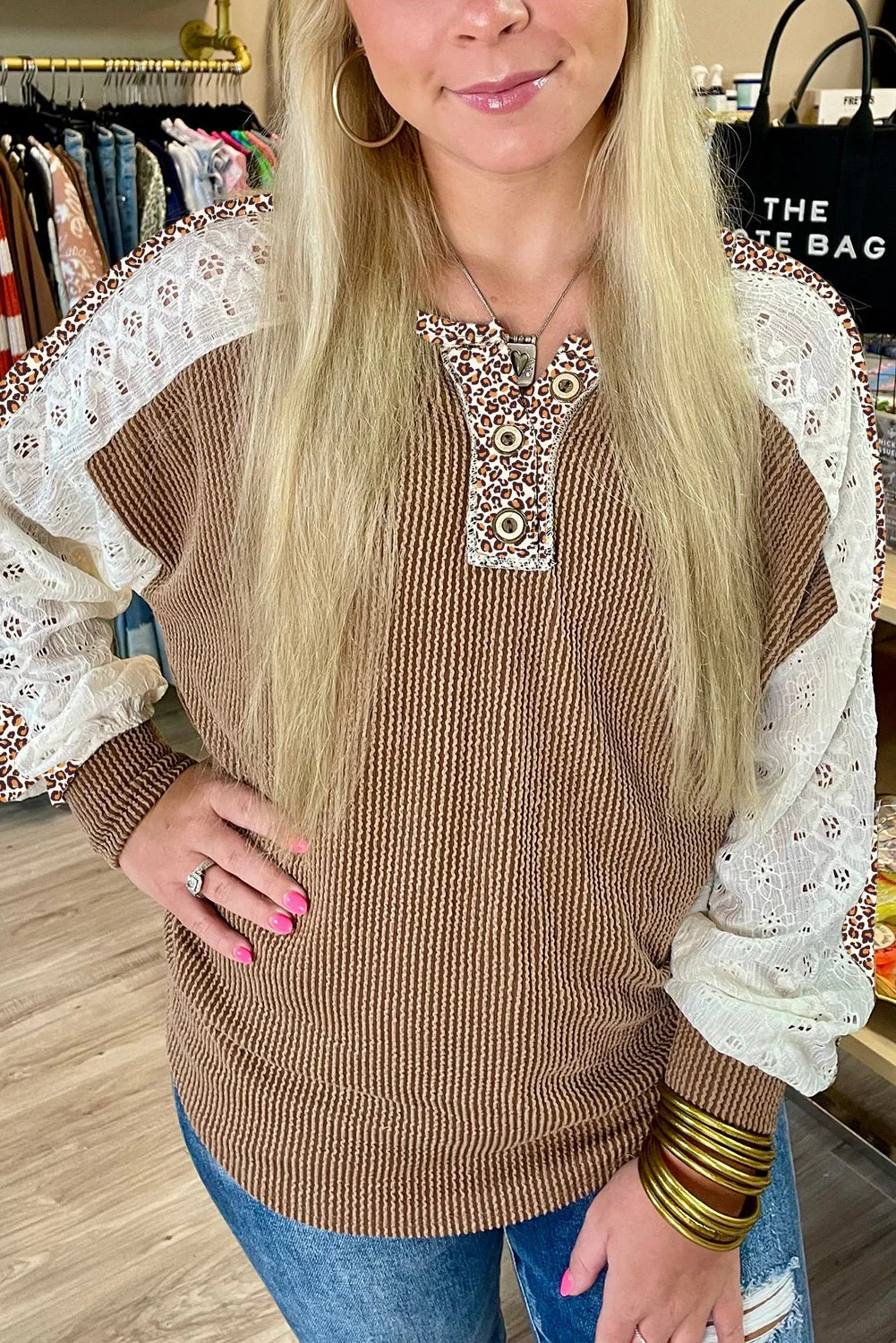 Vineyard Green Texture Patchwork Lace Sleeve Leopard Henley Top - Image 5