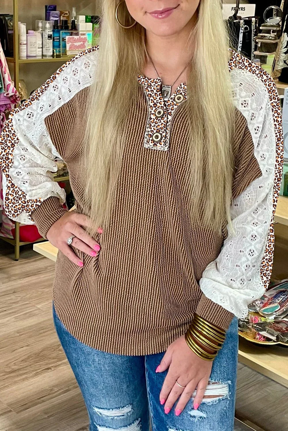 Vineyard Green Texture Patchwork Lace Sleeve Leopard Henley Top - Image 6