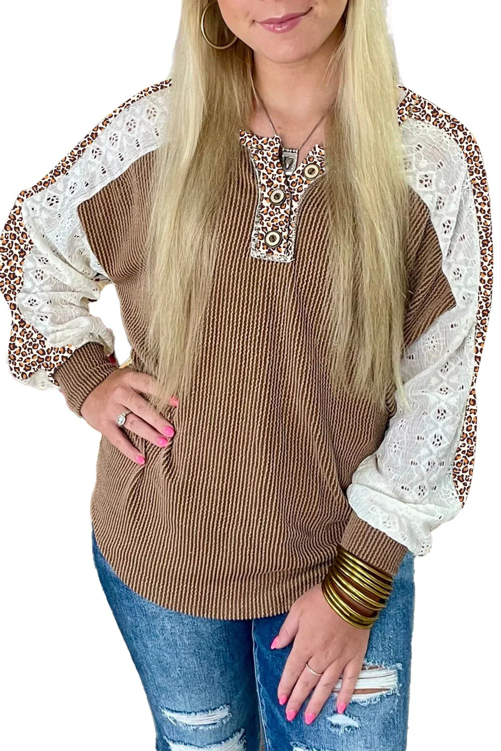 Vineyard Green Texture Patchwork Lace Sleeve Leopard Henley Top - Image 7